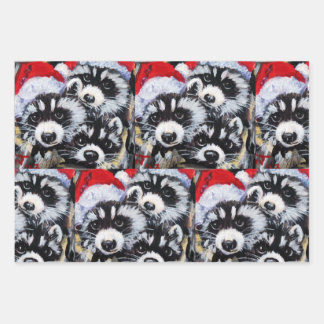 Feuille De Papier Cadeau Raccoons Noël Santa Hat Art original