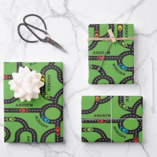 Feuille De Papier Cadeau Race Track Boys Anniversaire Livre vert