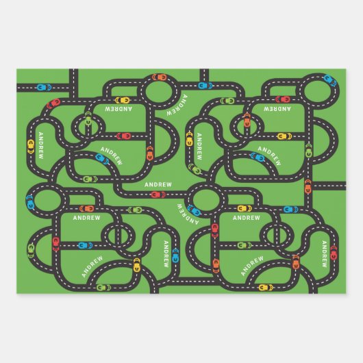 Feuille De Papier Cadeau Race Track Boys Anniversaire Vert (Devant 2)