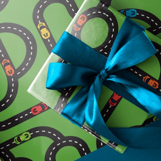 Feuille De Papier Cadeau Race Track Boys Anniversaire Vert