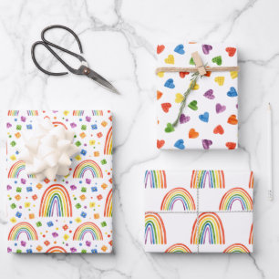 Feuille De Papier Cadeau Rainbow Hearts and Flowers Motif