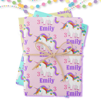 Feuille De Papier Cadeau Rainbow Unicorn Coeur mignon Nom de l'enfant et âg