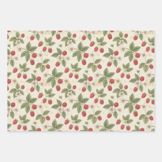 Feuille De Papier Cadeau Raspberry Fruit Bunches with Leaves and Blossom  (Devant)