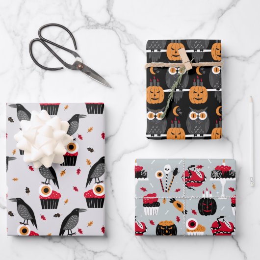 Feuille De Papier Cadeau Ravens, Eyeballs Cupcake Design Parfait Halloween (Recto)
