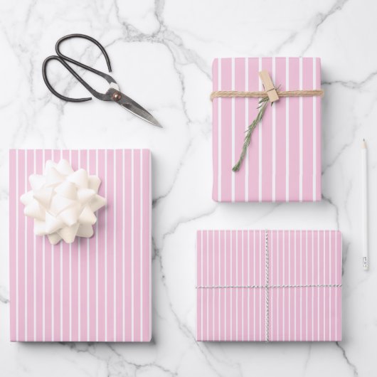 Feuille De Papier Cadeau Rayures Classiques Blanc - Rose Clair (Recto)