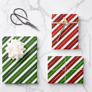 Feuille De Papier Cadeau Rayures de Noël rouges, blanches et vertes pour le