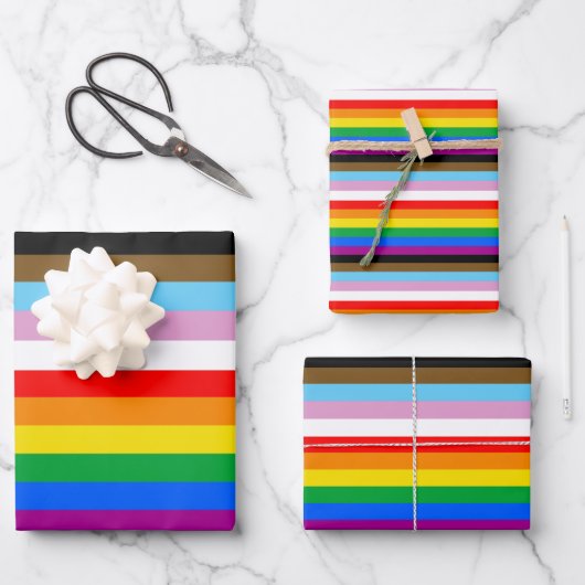 Feuille De Papier Cadeau Rayures du drapeau de progrès LGBTQ+ (Recto)