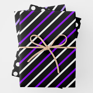 Feuille De Papier Cadeau Rayures et pois violets, noirs et blancs amusants