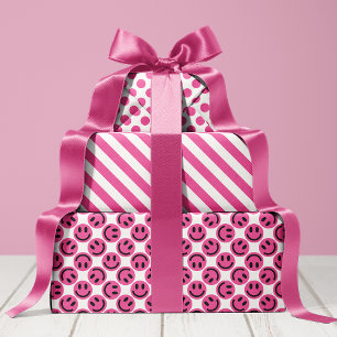 Feuille De Papier Cadeau Rayures et pois visage heureux rose