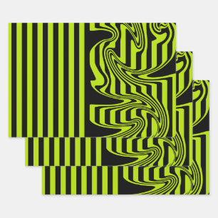 Feuille De Papier Cadeau Rayures et Tourbillons - Vert Citron et Noir
