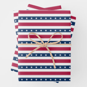 Feuille De Papier Cadeau Rayures patriotiques avec étoiles (horizontal)