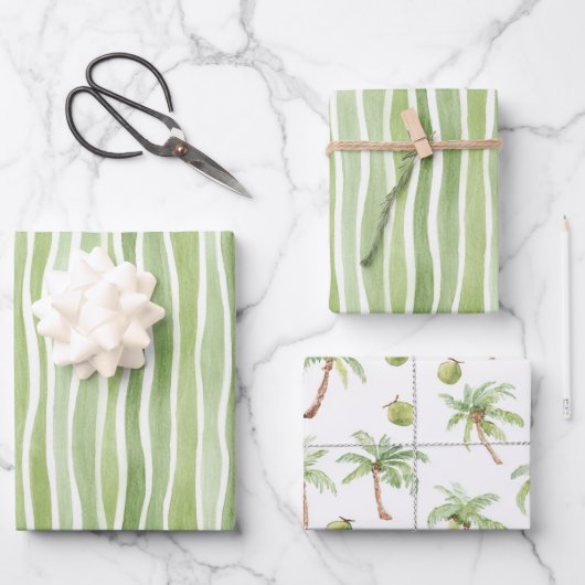Feuille De Papier Cadeau Rayures vert lime ondulées crème (Recto)