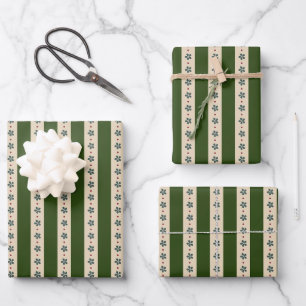 Feuille De Papier Cadeau Rayures Vertes Et Crème Et Fleurs