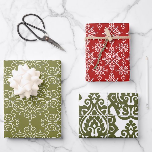 Feuille De Papier Cadeau Red and Green Classic Damask Pattern Christmas (Recto)