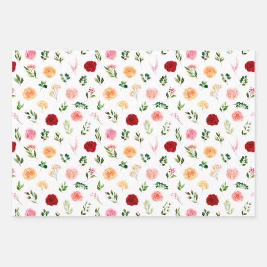 Feuille De Papier Cadeau Red and Orange Flowers with Foliage Pattern (Devant)
