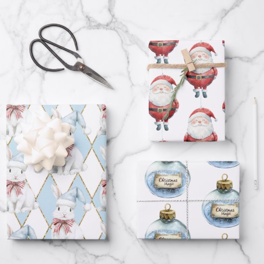 Feuille De Papier Cadeau Red Blue Christmas Magic Santa Bunny Rabbit (Recto)