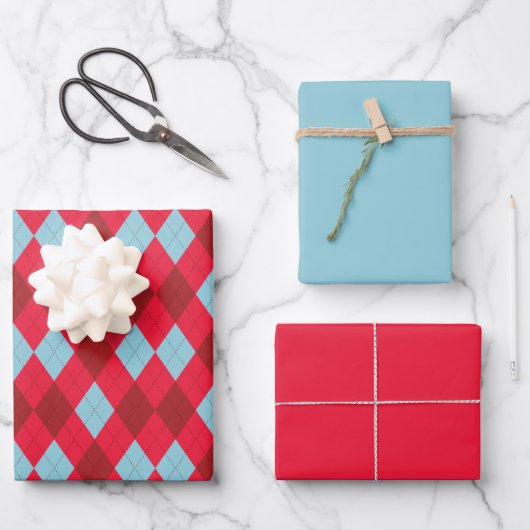 Feuille De Papier Cadeau Red Blue & Crimson Christmas Argyle (Recto)