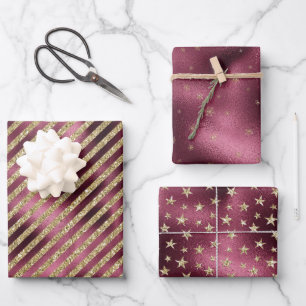 Feuille De Papier Cadeau Red Burgundy Gold Parties scintillant Stripes Star