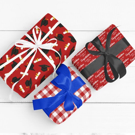 Feuille De Papier Cadeau Red Caps Diplomas Mixed Graduation Patterns