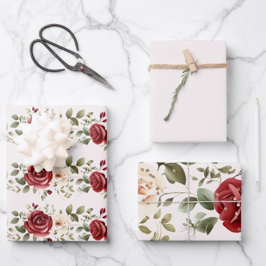 Feuille De Papier Cadeau Red Cream Rose Mariage or (Recto)