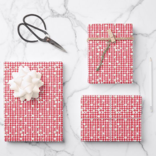 Feuille De Papier Cadeau Red Gingham with Little White Daisies (Recto)