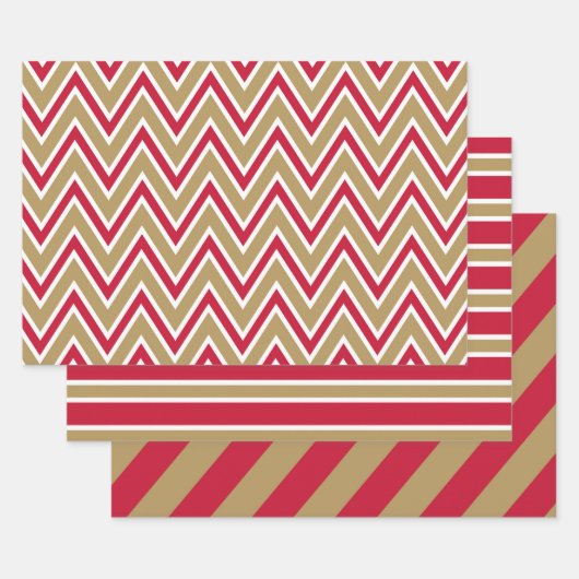 Feuille De Papier Cadeau Red, Gold, and White Chevron & Stripe Patterns (Lot)