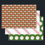 Feuille De Papier Cadeau Red & Green Basball & Père Noël Matching Christmas<br><div class="desc">Un ensemble de trois feuilles de papier d'emballage sur le thème de Noël assorties pour les joueurs de baseball, les entraîneurs et les fans! Le premier drap est composé d'un motif rouge et vert sans couture, d'une jolie face de Santa Clause sur les carrés verts, et d'un graphique de baseball...</div>