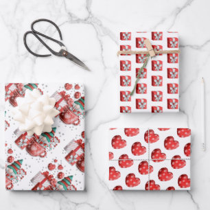 Feuille De Papier Cadeau Red Green Noël Gnome Teacup Coeurs Cadeaux