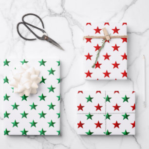 Feuille De Papier Cadeau Red Green Stars en Noël Blanc