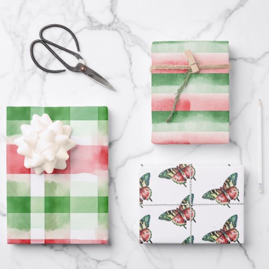 Feuille De Papier Cadeau Red Green White Stripes Birthday (Recto)