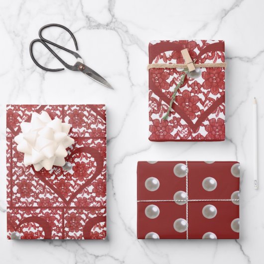 Feuille De Papier Cadeau Red Lace Motif Valentine's (Recto)