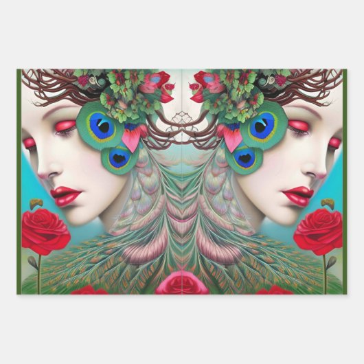 Feuille De Papier Cadeau Red Lips et Rose Peacock Abstrait (Devant 3)