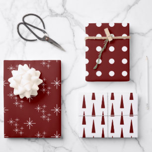 Feuille De Papier Cadeau Red Modern Christmas Trees Snowflakes Festive