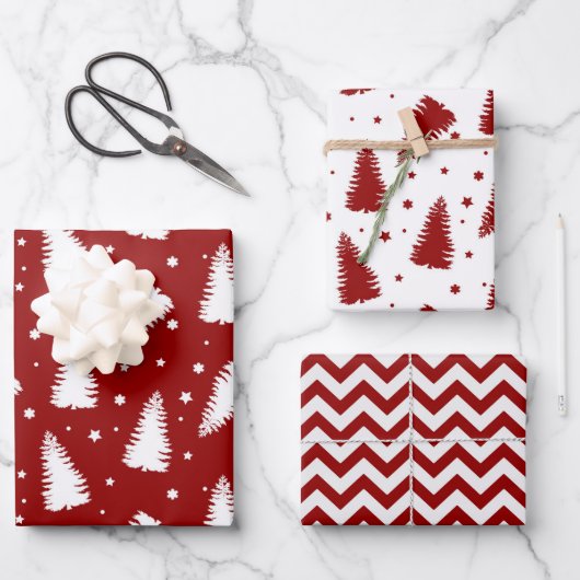 Feuille De Papier Cadeau Red White Christmas Trees Chevron Holiday (Recto)