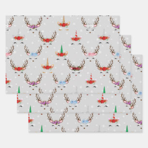 Feuille De Papier Cadeau Reindeer de Noël et licorne sur Grey