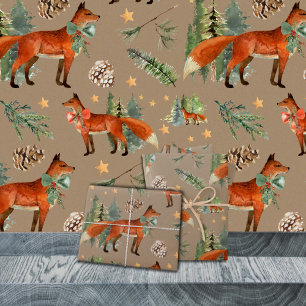 Feuille De Papier Cadeau Renard Rouge Rustique Kraft Dans Une Forêt De Noël