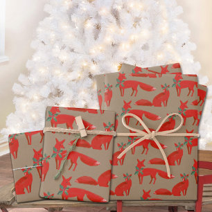 Feuille De Papier Cadeau Renards Rouges Rustiques Kraft Sur Une Date Holly