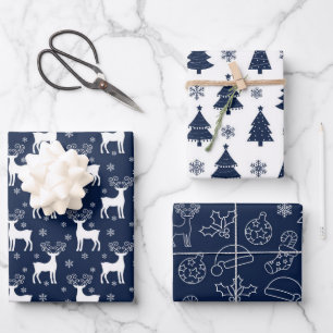 Feuille De Papier Cadeau Renne de la marine, sapin de Noël et motif de vaca