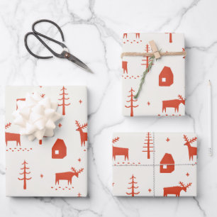 Feuille De Papier Cadeau Rennes de Noël. Motif d'animaux des bois rouges