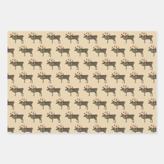 Feuille De Papier Cadeau Rennes de Noël, ours et pins (Devant)