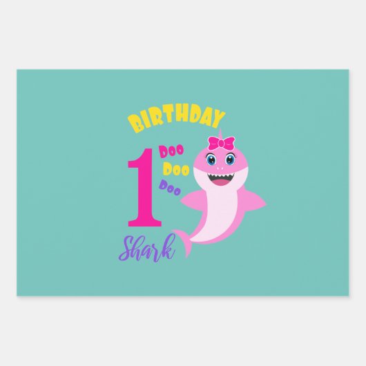 Feuille De Papier Cadeau Requin mignon 1er anniversaire (Devant)