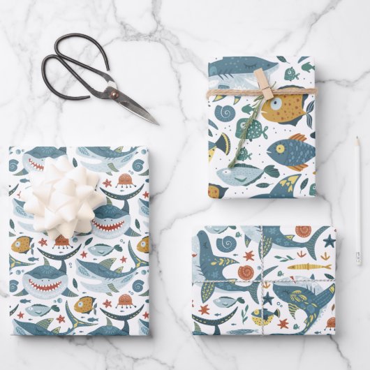 Feuille De Papier Cadeau Requin mignon et Motif de poisson (Recto)