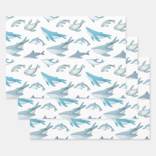 Feuille De Papier Cadeau Requins, baleines, dauphins, phoques en blanc