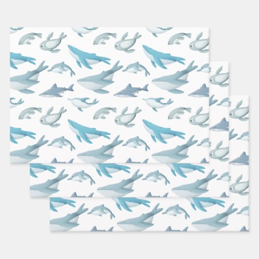 Feuille De Papier Cadeau Requins, baleines, dauphins, phoques en blanc (Lot)