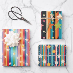 Feuille De Papier Cadeau Retro Arc-en-ciel rayures et étoiles Design coloré