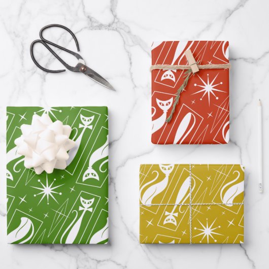 Feuille De Papier Cadeau Retro Atomic Star Cat MidCentury Noël 1970 (Recto)