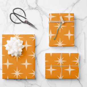 Feuille De Papier Cadeau Retro Atomic Stars Motif sur Orange