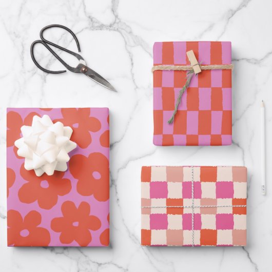 Feuille De Papier Cadeau Retro Bold Pink and Orange Floral and Checks (Recto)