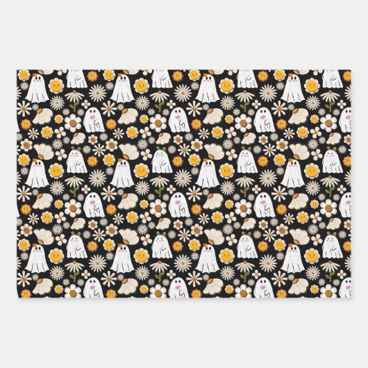 Feuille De Papier Cadeau Retro Ghost Flowers Halloween Seamless Pattern (Devant)