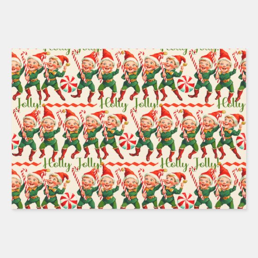 Feuille De Papier Cadeau Retro Holly Jolly Elves de Noël (Devant 3)
